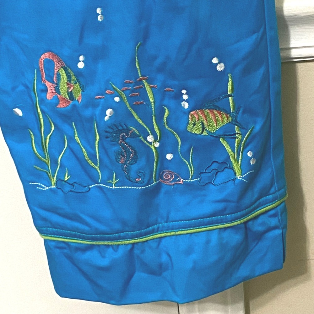 Tropical Coastal Pull On Womens Pants Size 14 Blue Embroidered Fish Cruisewear - Picture 3 of 7